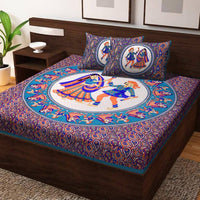 Thumbnail for vamika-printed-daandiya-cotton-blue-bedsheet-with-pillow-covers-(pm-daandiya-firozi