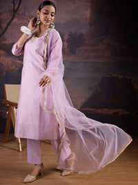 Thumbnail for Floral Woven Design V-Neck Straight Kurta With Trouser & Dupatta