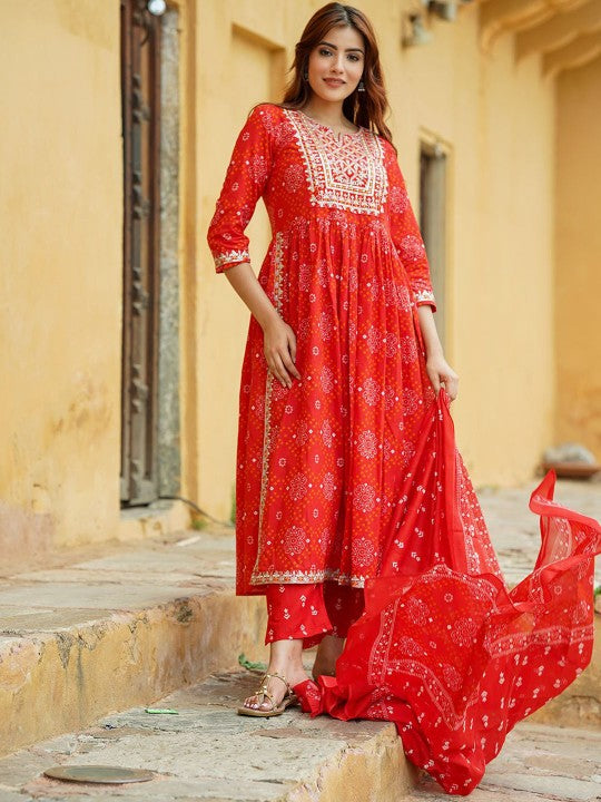 Notch Neck Bandhani Embroidered Regular Thread Work Pure Cotton Kurta Set