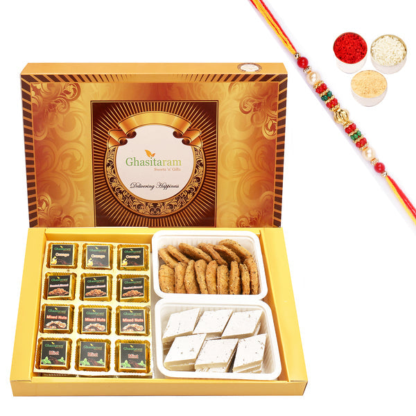 ghasitaram-assorted-chocolates,-kaju-katli-and-methi-mathi-with-pearl-beads-rakh