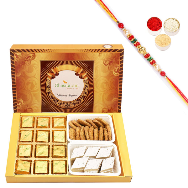 ghasitaram-mewa-bites,-kaju-katli-and-methi-mathi-with-pearl-beads-rakh