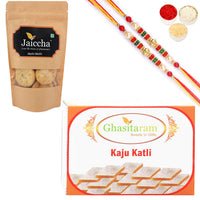 Thumbnail for ghasitaram-kaju-katli-and-methi-mathi-with-2-pearl-beads-rakhi