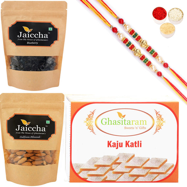 ghasitaram-kaju-katli-,blueberry-and-almonds-pouch-with-2-pearl-beads-rakhi