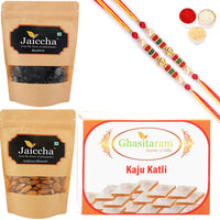 Thumbnail for ghasitaram-kaju-katli-,blueberry-and-almonds-pouch-with-2-pearl-beads-rakhi