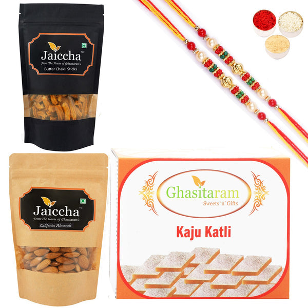 ghasitaram-kaju-katli,-butter-chakli-sticks-and-almonds-with-2-pearl-beads-rakhi
