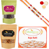 Thumbnail for ghasitaram-kaju-katli-,cranberry-and-almonds-pouch-with-2-pearl-beads-rakhi