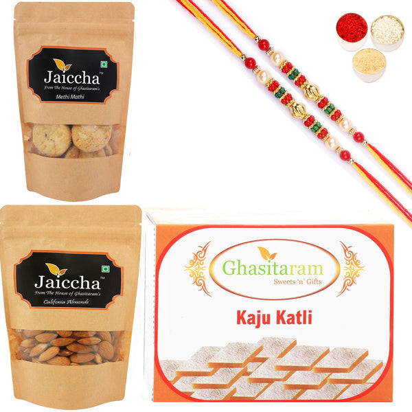 ghasitaram-kaju-katli,-methi-mathi-and-almonds-with-2-pearl-beads-rakhi