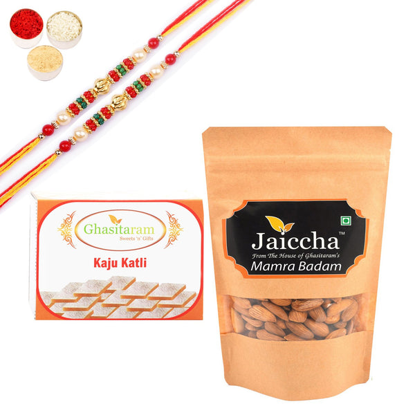 ghasitaram-kaju-katlis,and-mamra-almonds-with-pearl-beads-rakh