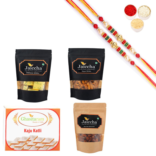 ghasitaram-kaju-katli,mewa-bites-pouch,soya-sticks-pouch-and-flavoured-almonds-pouch-with-pearl-beads-rakh