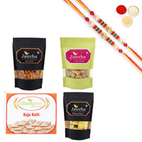 Thumbnail for ghasitaram-kaju-katli,mewa-bites-pouch,soya-sticks-pouch-and-protein-cashews-pouch-with-pearl-beads-rakh