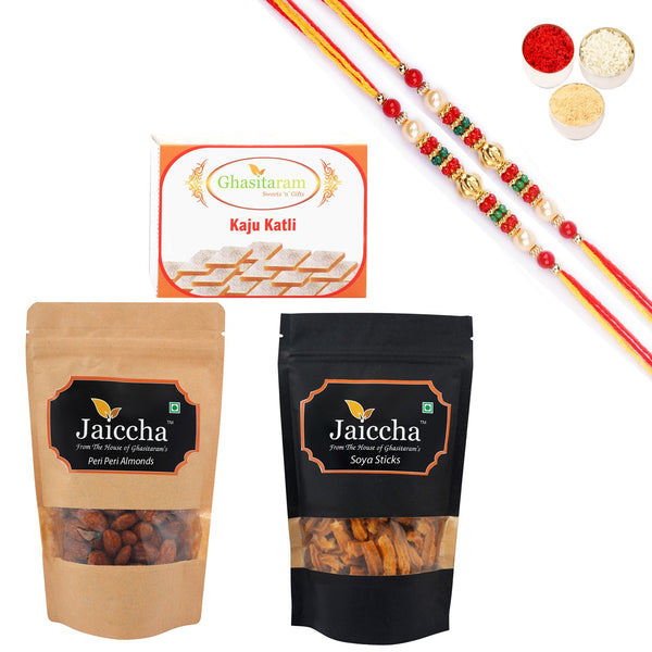 ghasitaram-kaju-katli,soya-sticks-pouch-and-peri-peri-almonds-pouch-with-pearl-beads-rakh