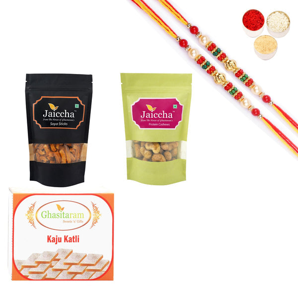 ghasitaram-kaju-katli,soya-sticks-pouch-and-protein-cashews-pouch-with-pearl-beads-rakh