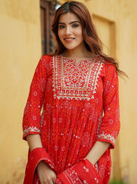 Thumbnail for Notch Neck Bandhani Embroidered Regular Thread Work Pure Cotton Kurta Set