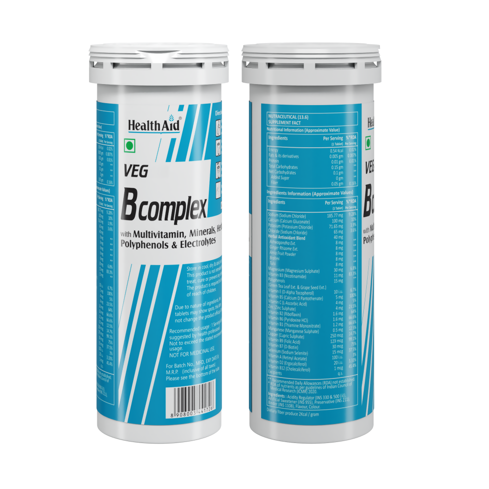 HealthAid Vegan B Complex with Multivitamins & Electrolytes Mango Flavour Effervescent Tablets