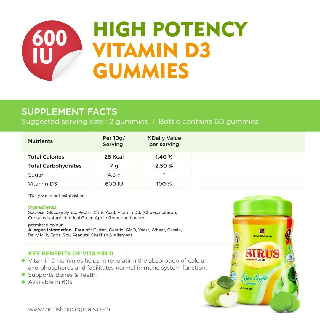 British Biologicals Sirus Vitamin D3 Gummies with Sugar for Women & Men