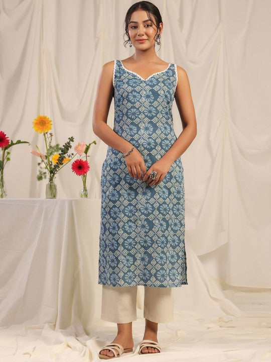 Women Yellow & White Pure Cotton Floral Printed Floral Kurta
