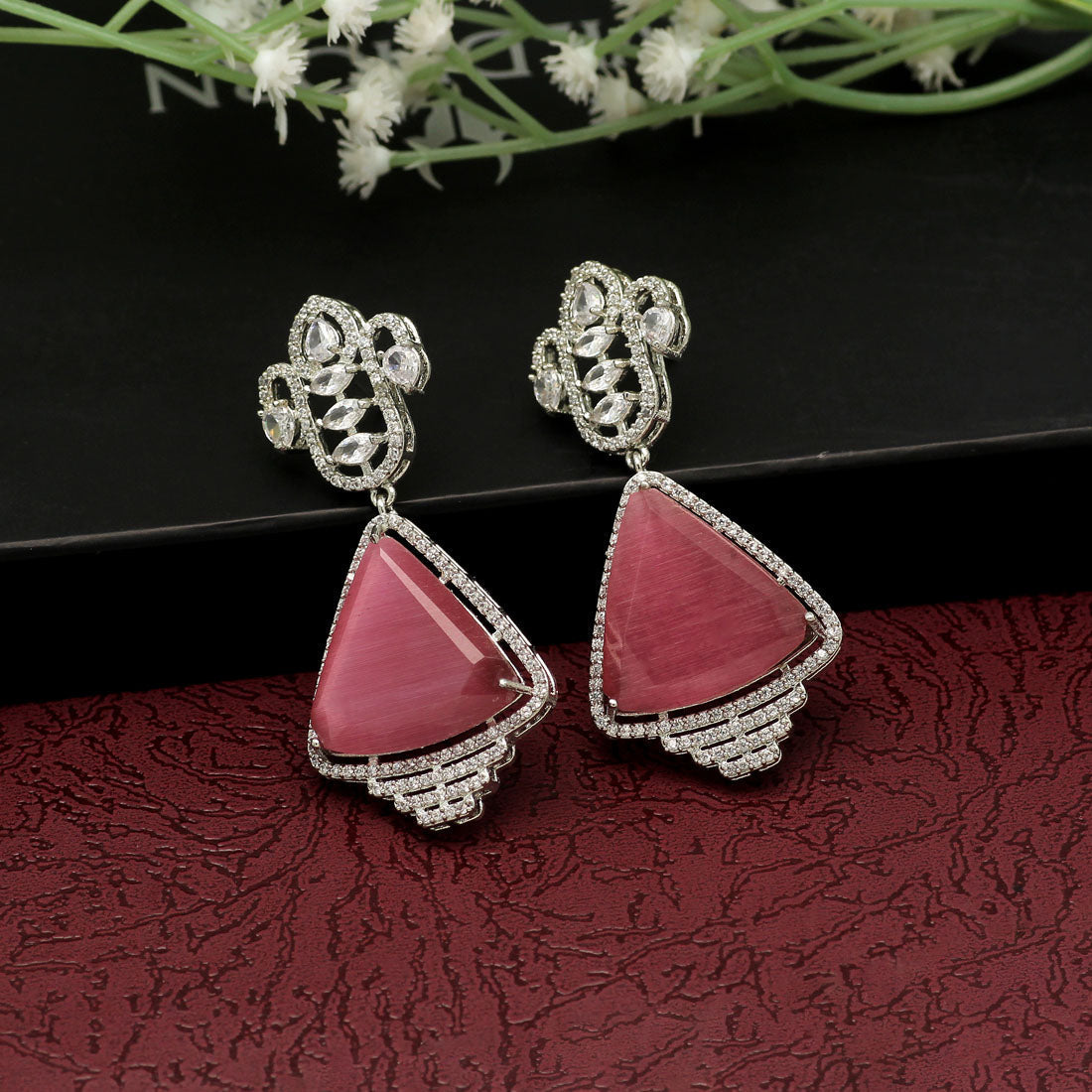 pink color american diamond earrings (ade398pnk)