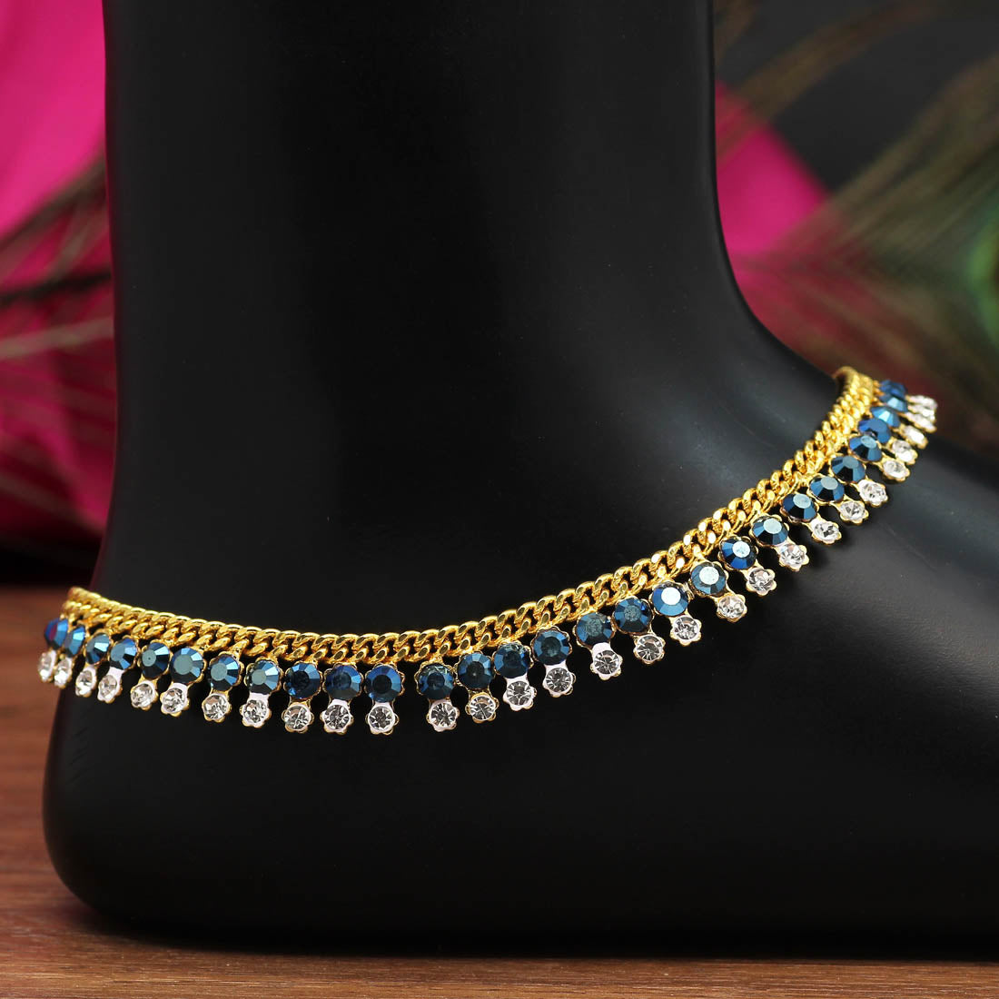 teal blue color rhinestone anklets (ank948tblu)