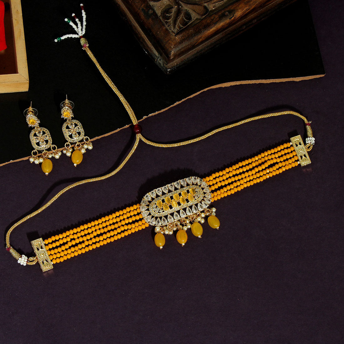 yellow color american diamond choker necklaces set (czn557ylw)