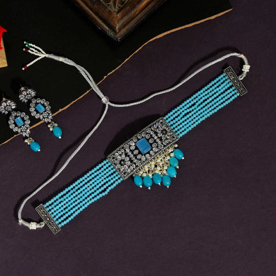 firozi color black silver brass american diamond choker necklace set (czn573frz)