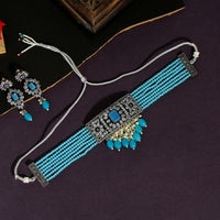 Thumbnail for firozi color black silver brass american diamond choker necklace set (czn573frz)
