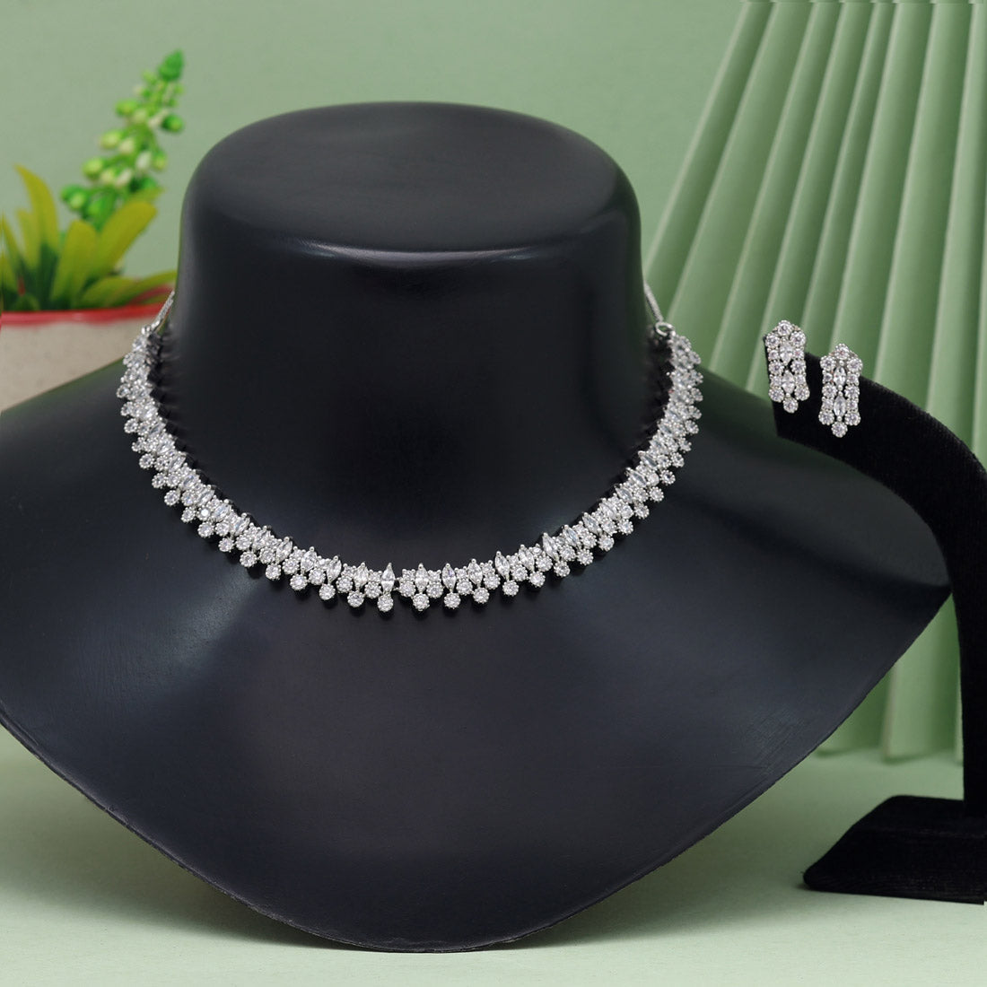 silver color american diamond necklace set (czn843slv)