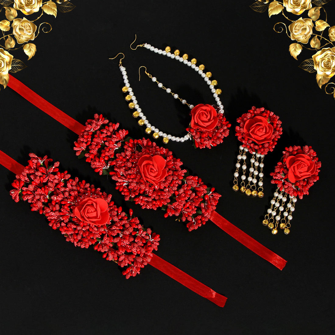 red color half bridal rose floral jewellery (hathphool & matha patti and earrings) (frj101red)