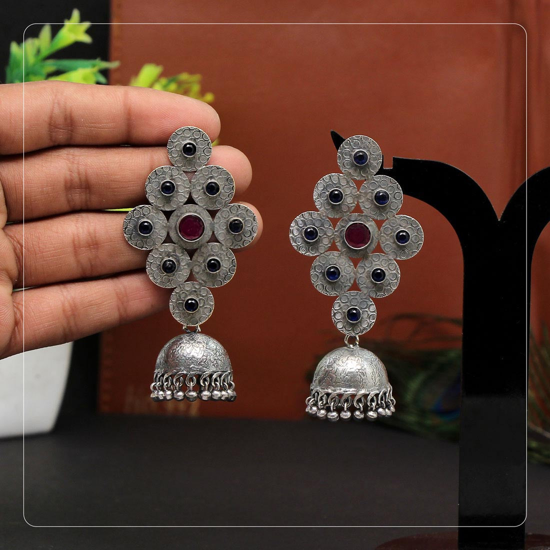blue color oxidised brass earrings (gse2245blu)