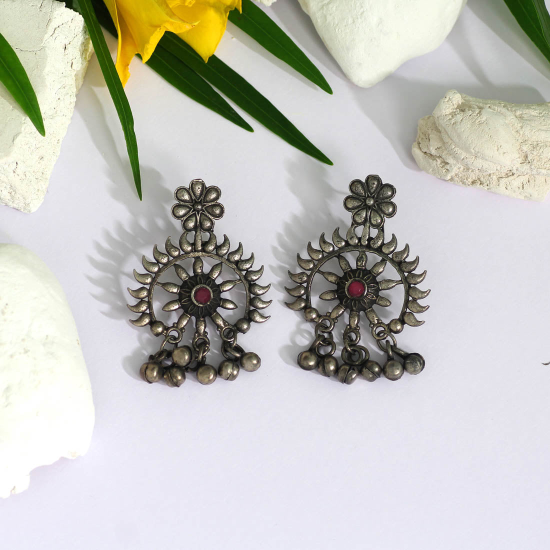 pink color glass stone oxidised earrings (gse2462pnk)