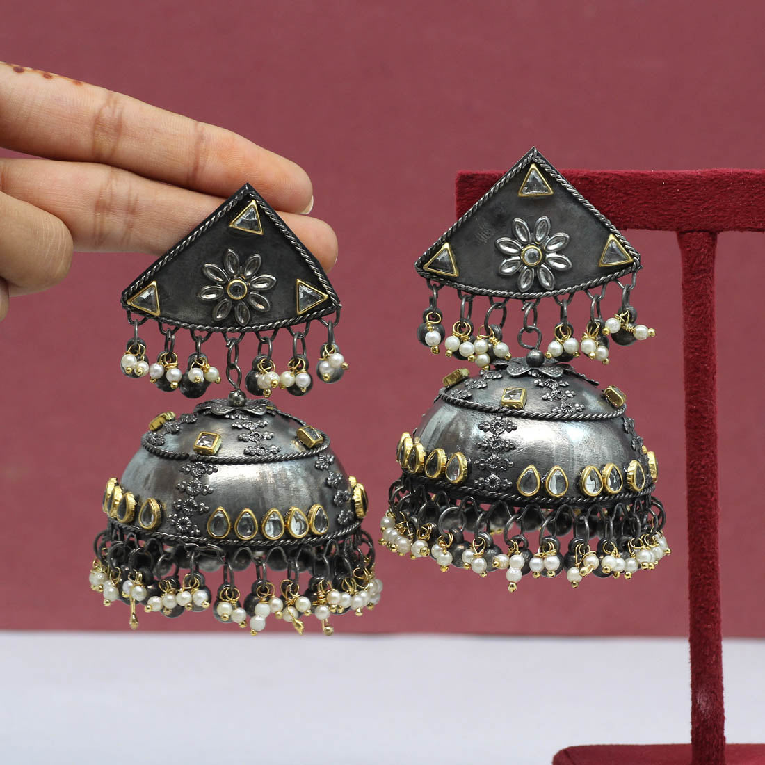 black silver color oxidised big jhumka earrings (gse2469slv)