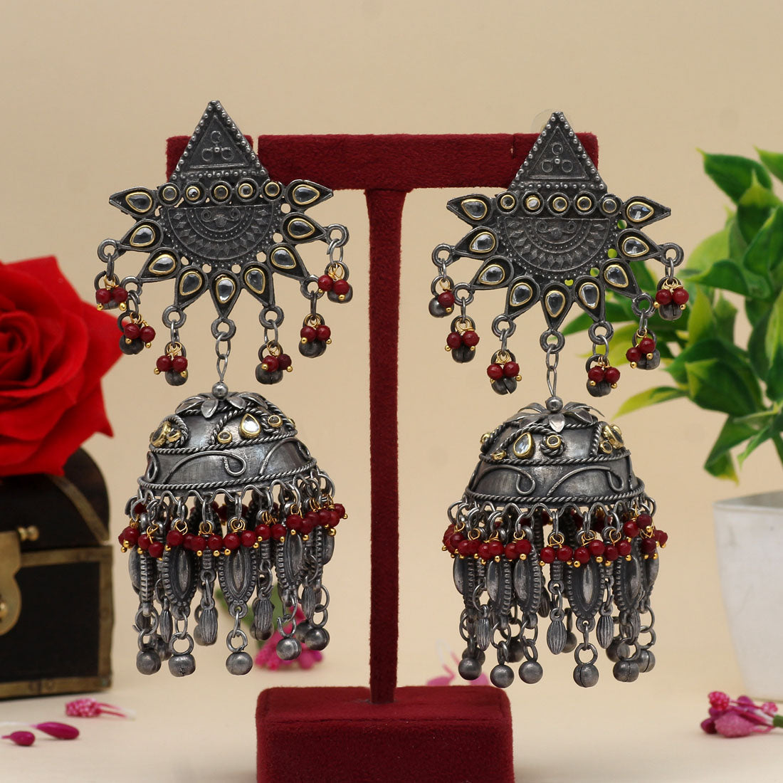 maroon color oxidised big jhumka earrings (gse2617mrn)