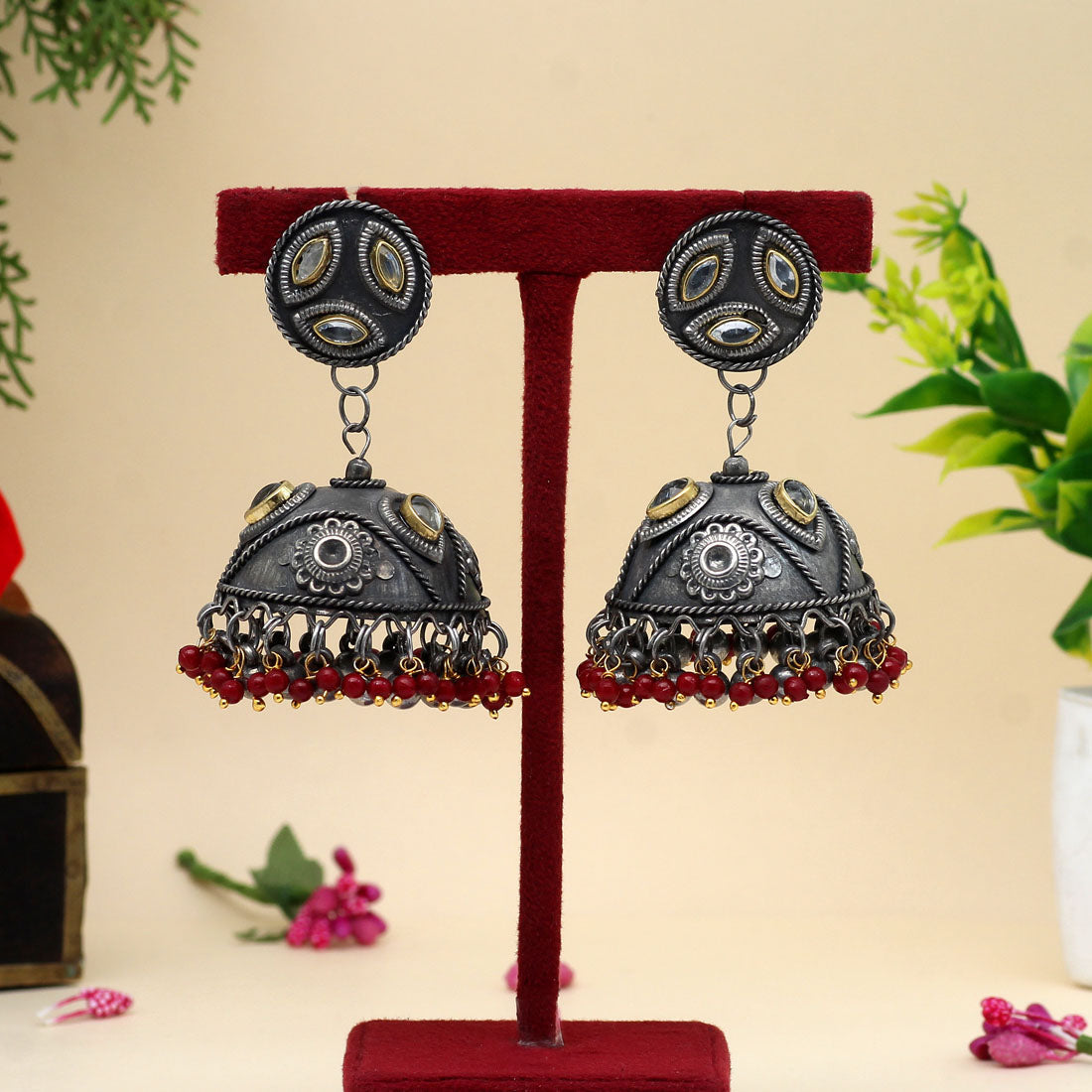 maroon color oxidised big jhumka earrings (gse2622mrn)
