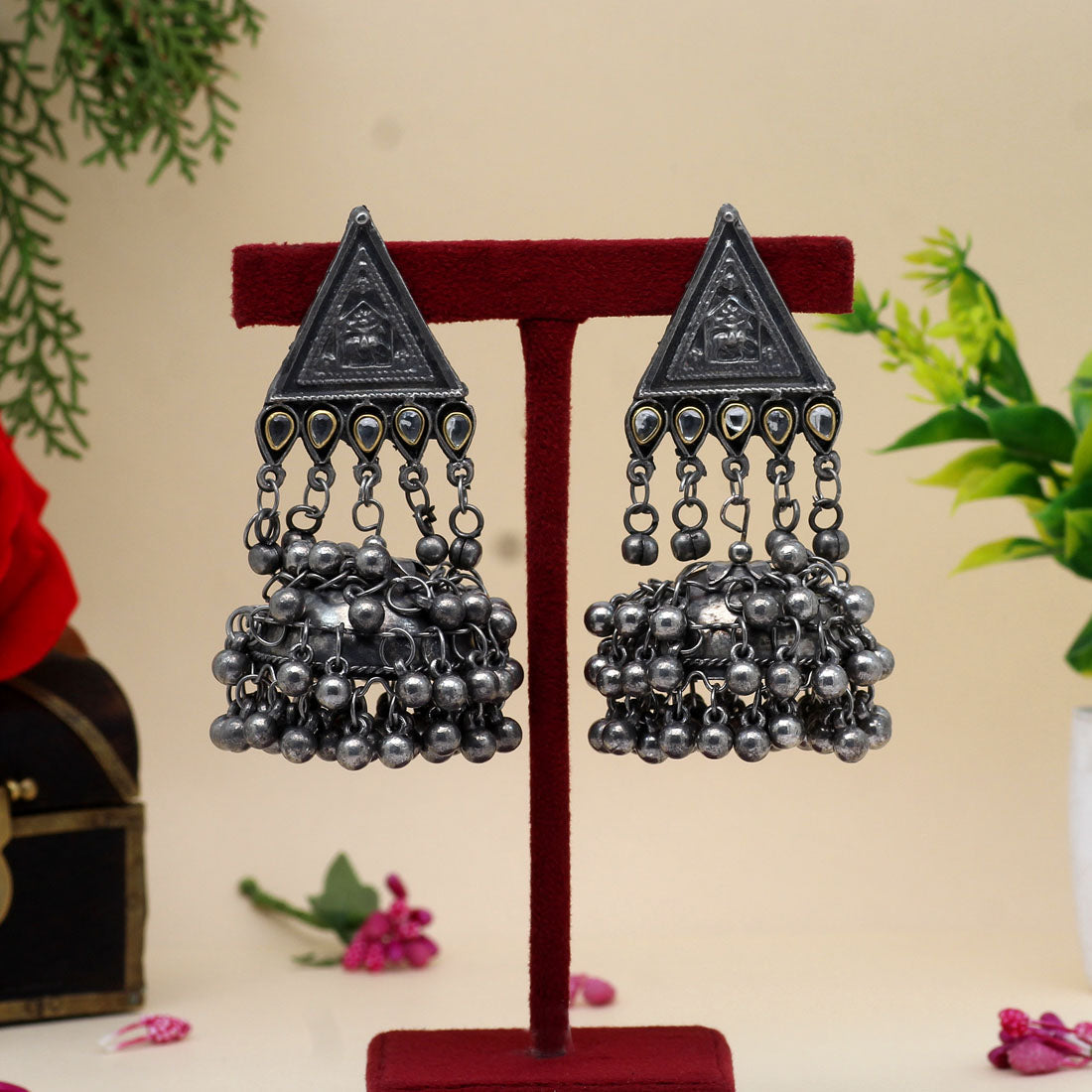 silver color oxidised big jhumka earrings (gse2628slv)