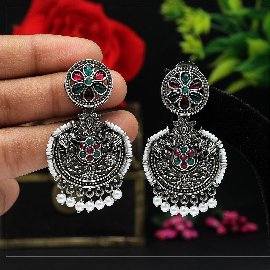 maroon & green color oxidised earrings (gse2691mg)