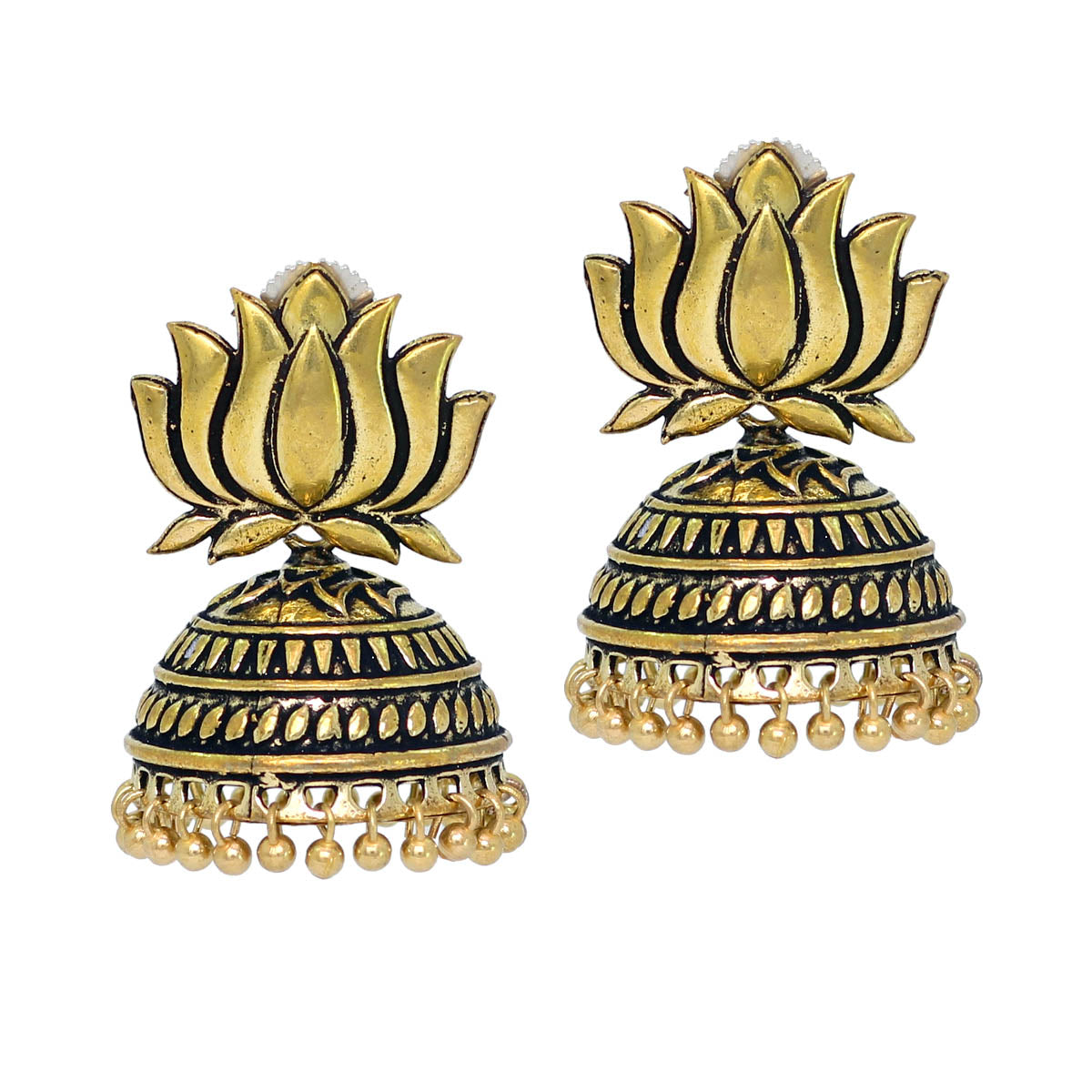 handmade gold plated lotus shape oxidised jhumki (gse461gld)
