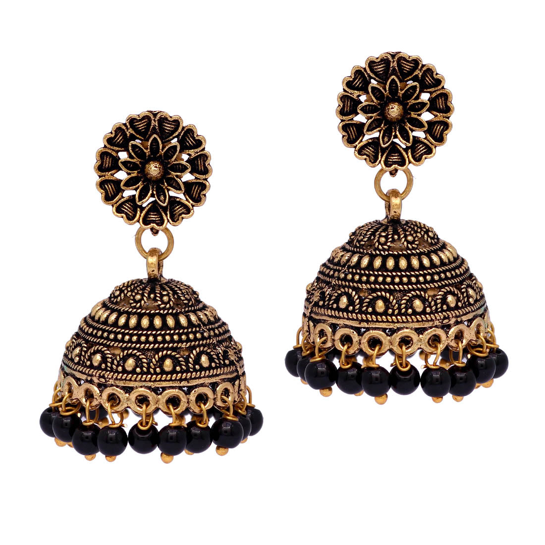 rajasthani traditional wedding collection floral design gold oxidised black color jhumki earrings (gse600)