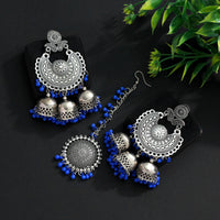 Thumbnail for blue color oxidised earrings tikka set (gsmte101blu)