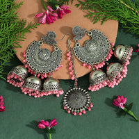 Thumbnail for baby pink color oxidised earrings tikka set (gsmte101bpnk)