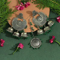Thumbnail for green color oxidised earrings tikka set (gsmte101grn)