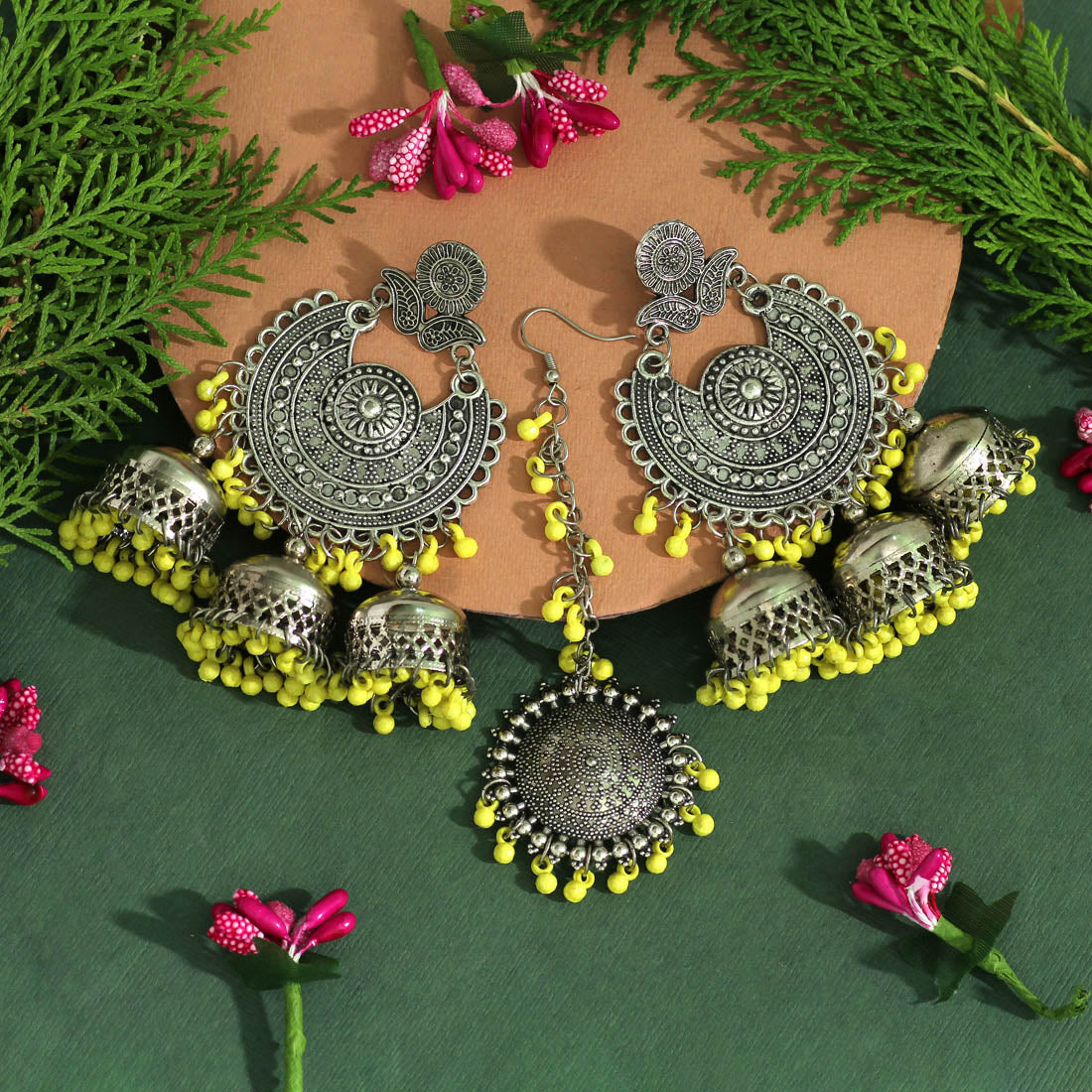 yellow color oxidised earrings tikka set (gsmte101ylw)