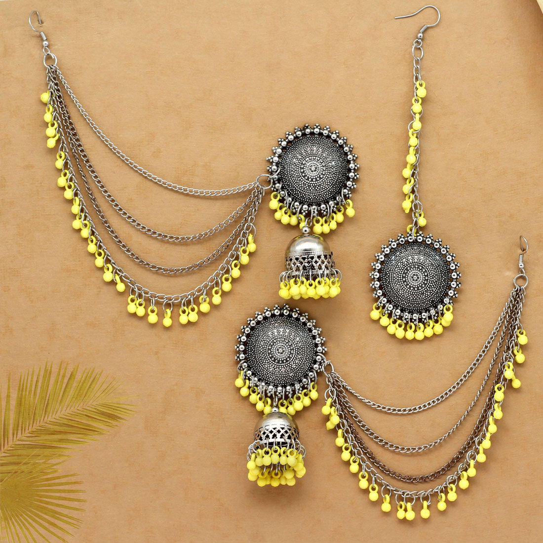 yellow color oxidised earrings tikka set (gsmte102ylw)