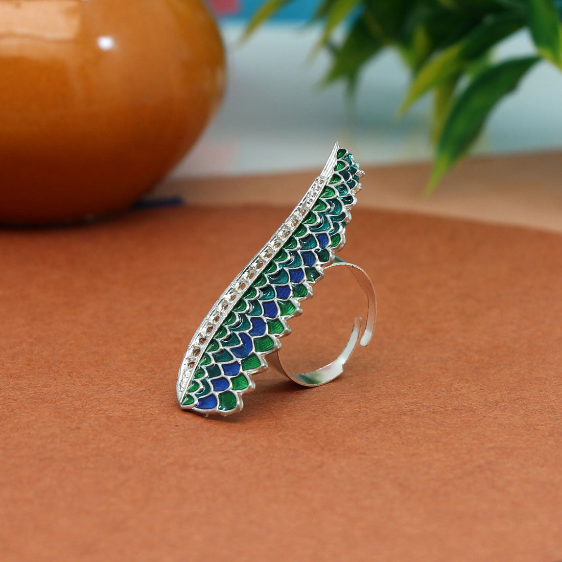 green color meenakari work oxidised ring (gsr487grn)