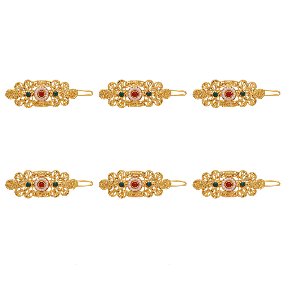 maroon & green color 6 pieces gold plated hair pin (hrpcmb224)