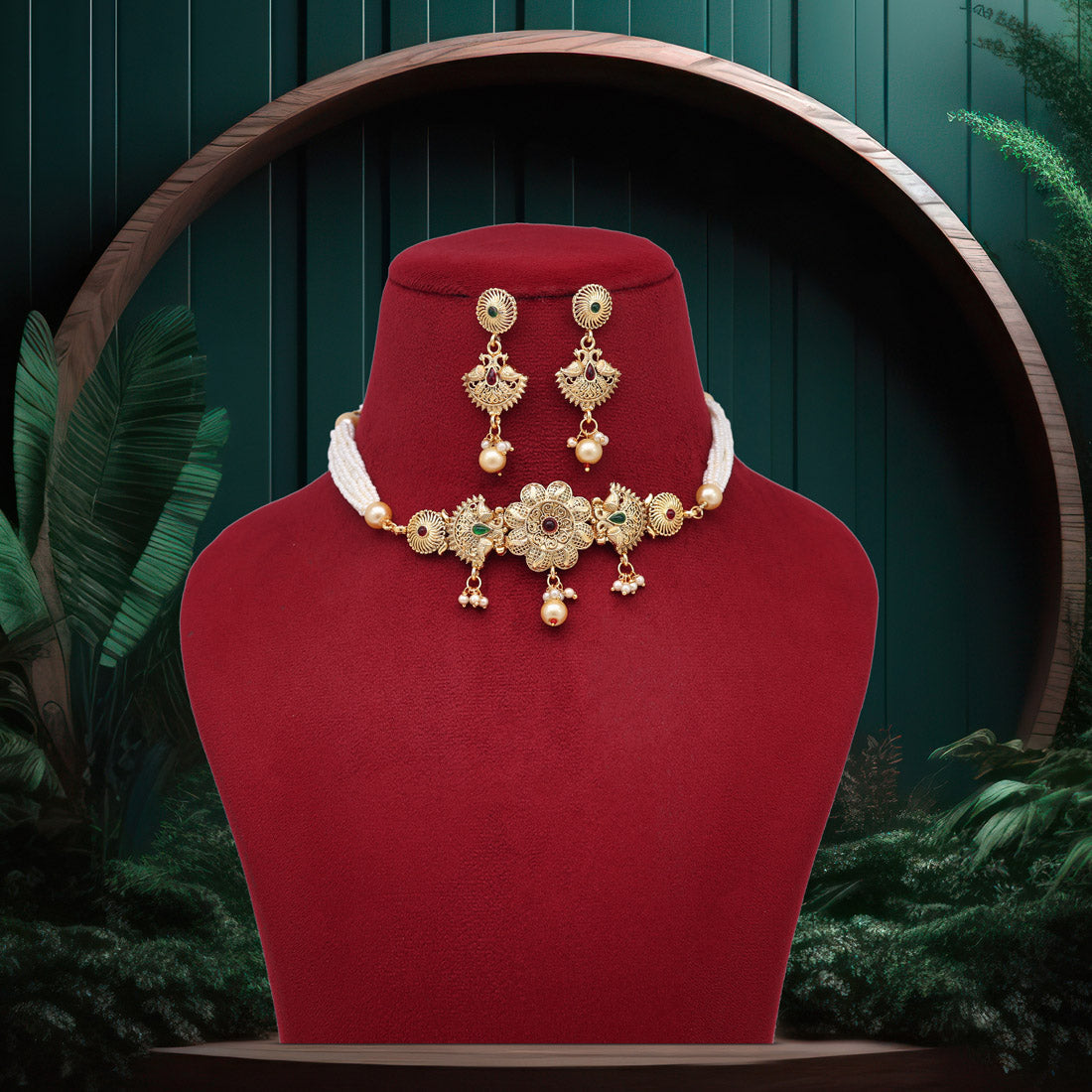 maroon & green color choker gold plated necklace set (kbsn1168mg)