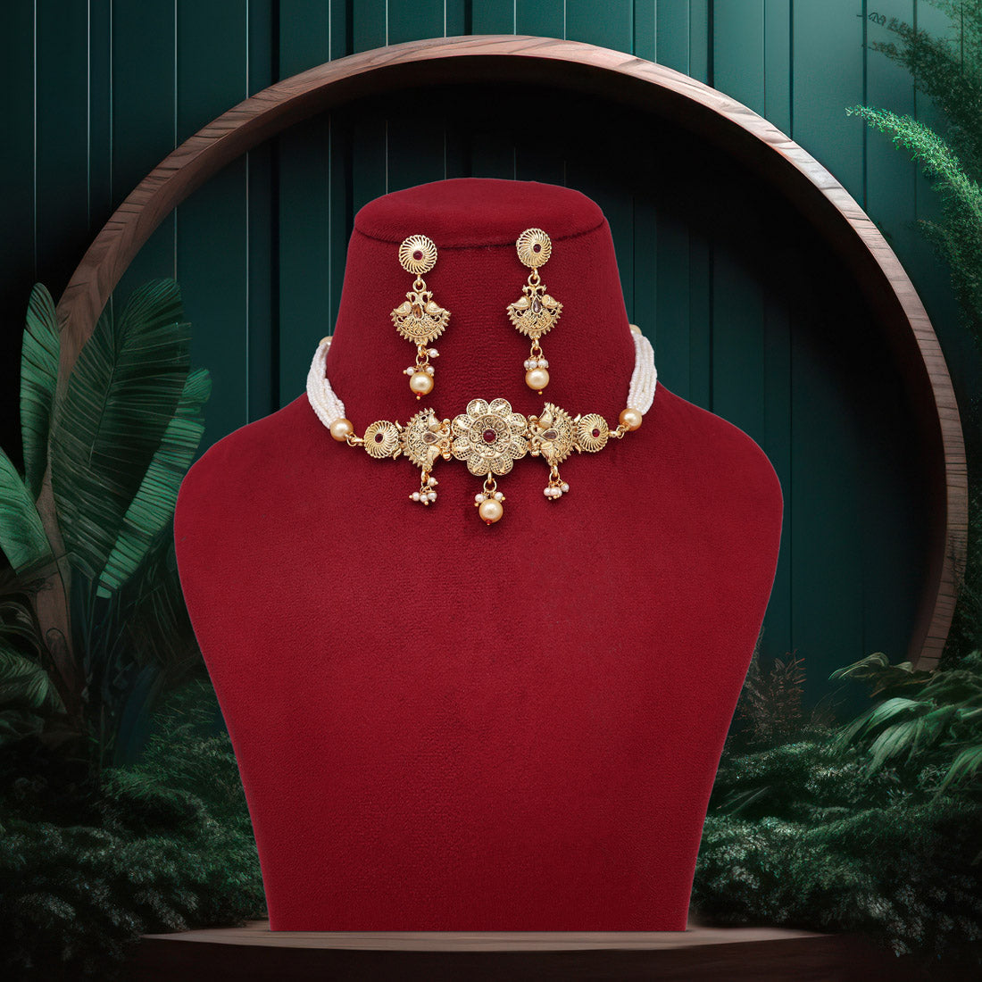 maroon color choker gold plated necklace set (kbsn1168mrn)