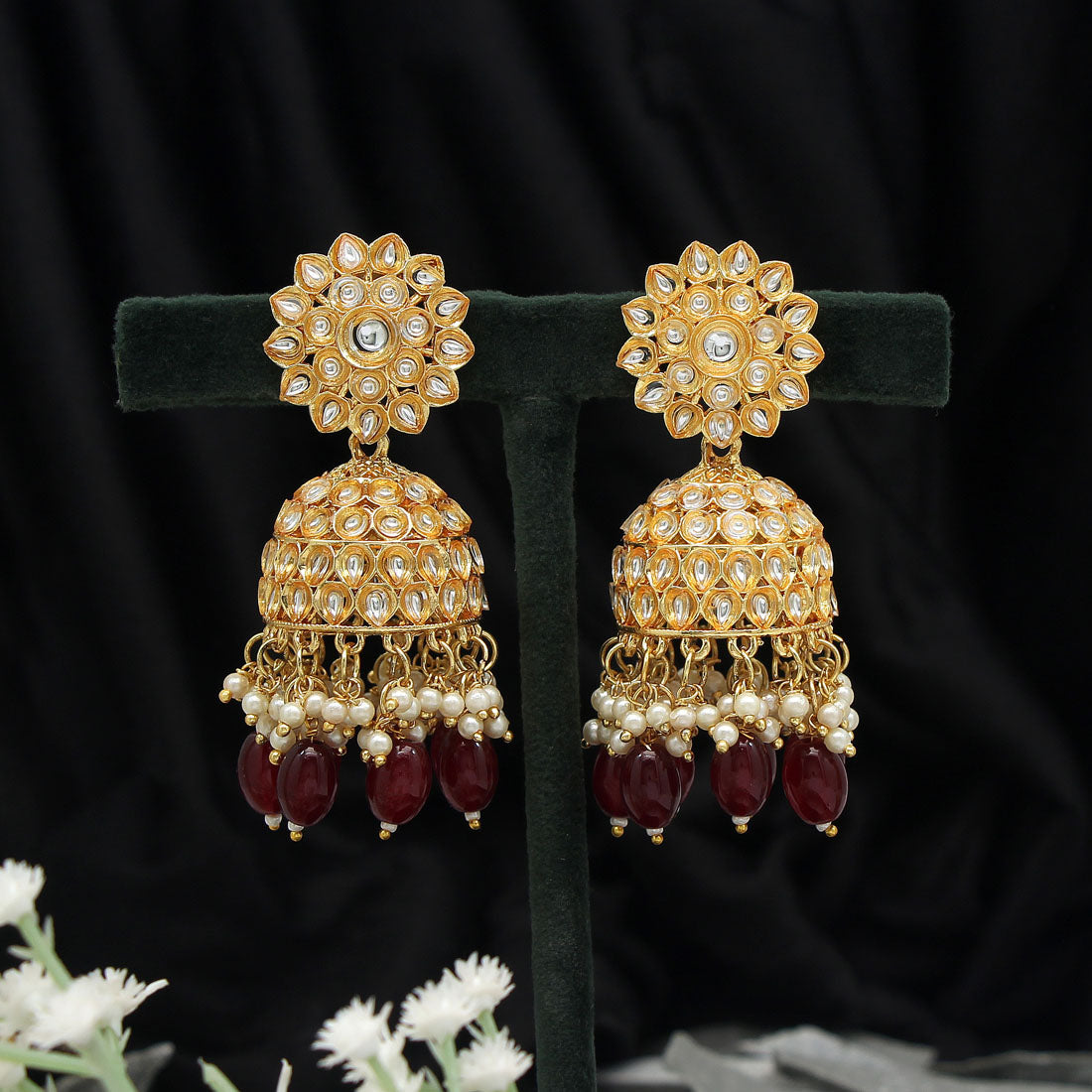 maroon color big jhumka kundan earrings (kde602mrn)
