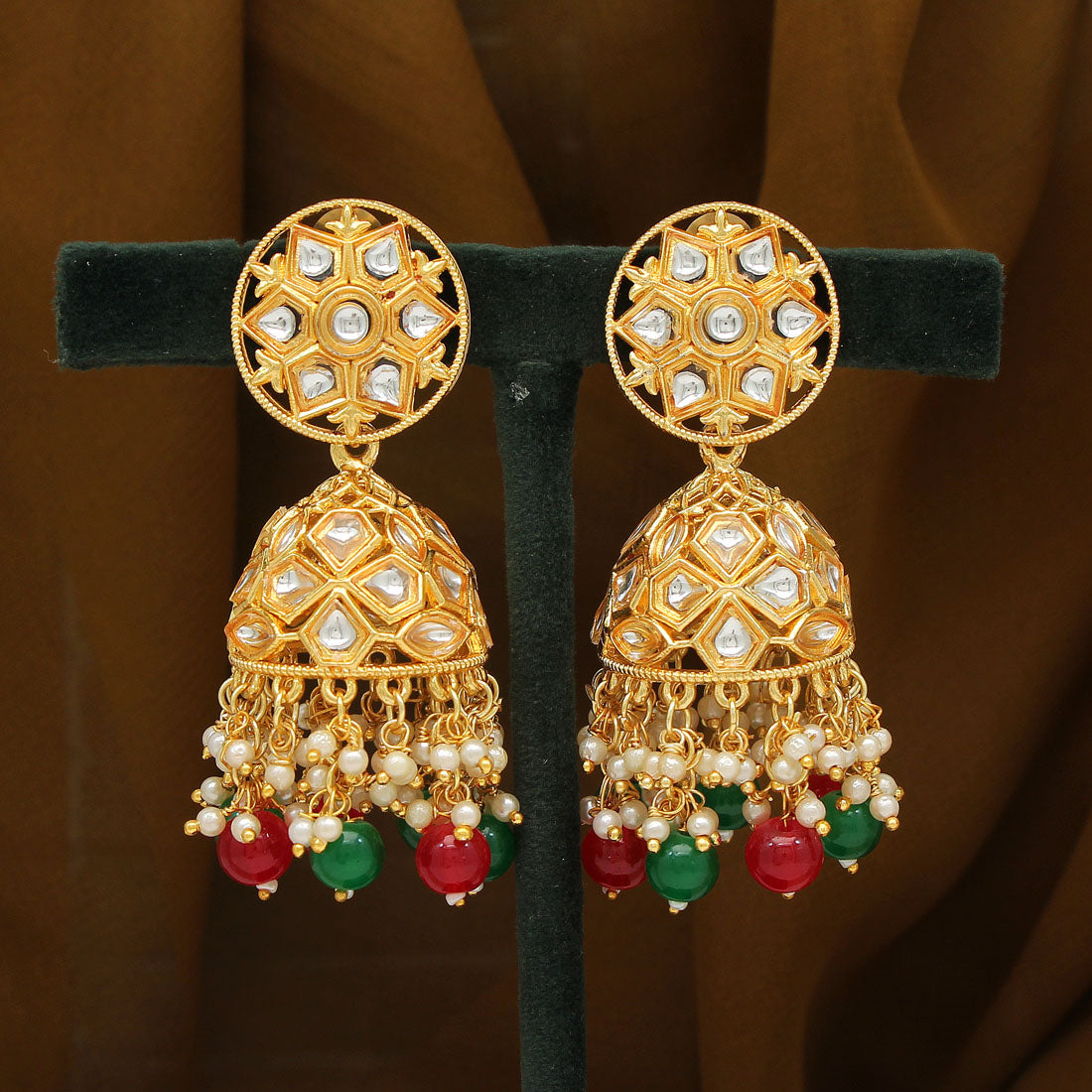 maroon & green color big jhumka kundan earrings (kde607mg)
