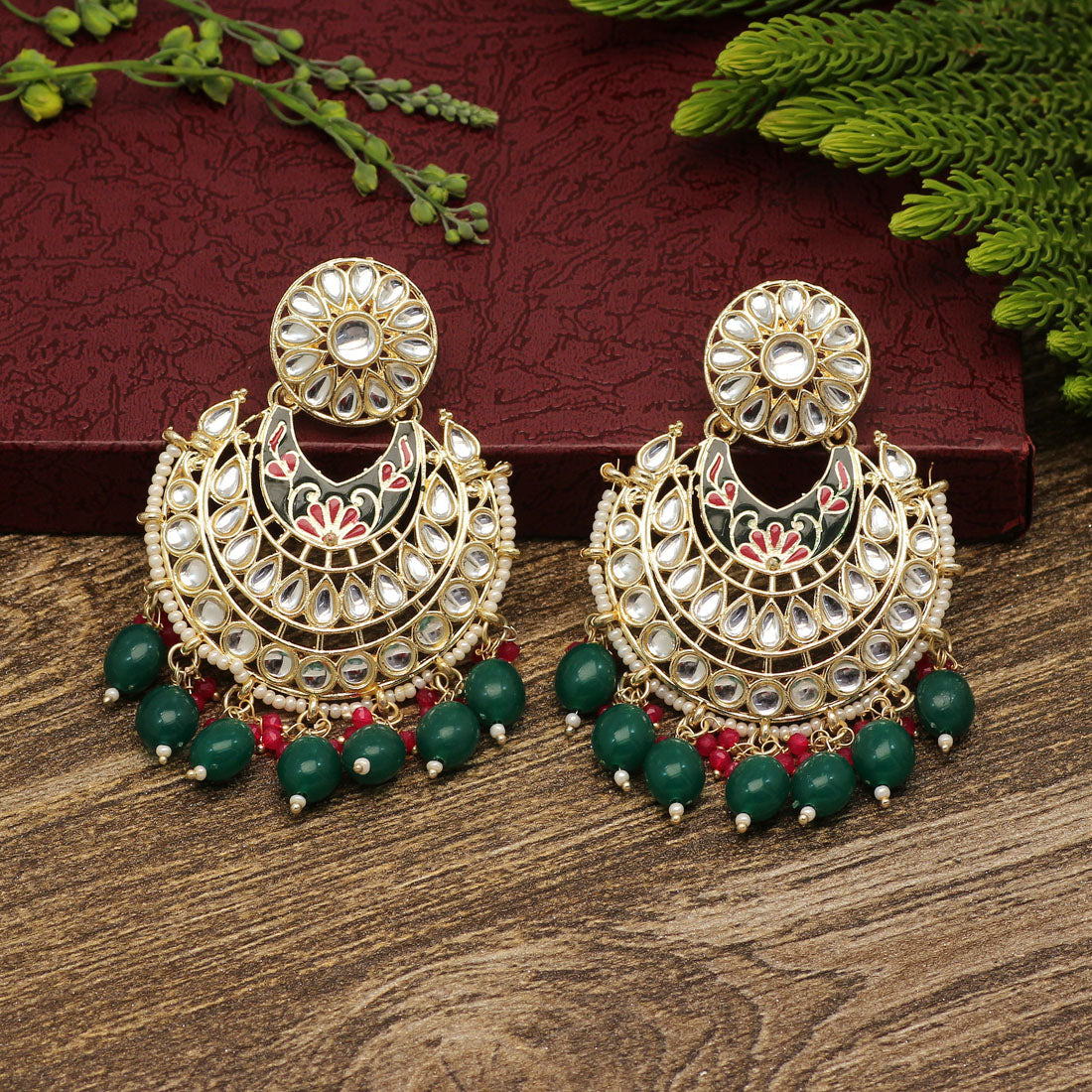 green color kundan meena earrings (kde692grn)