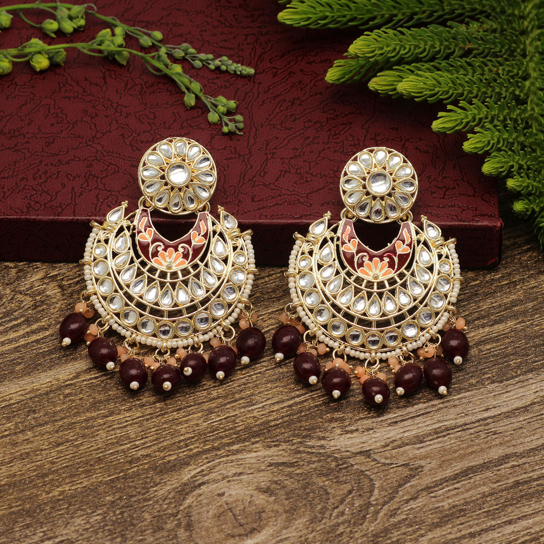 maroon color kundan meena earrings (kde692mrn)