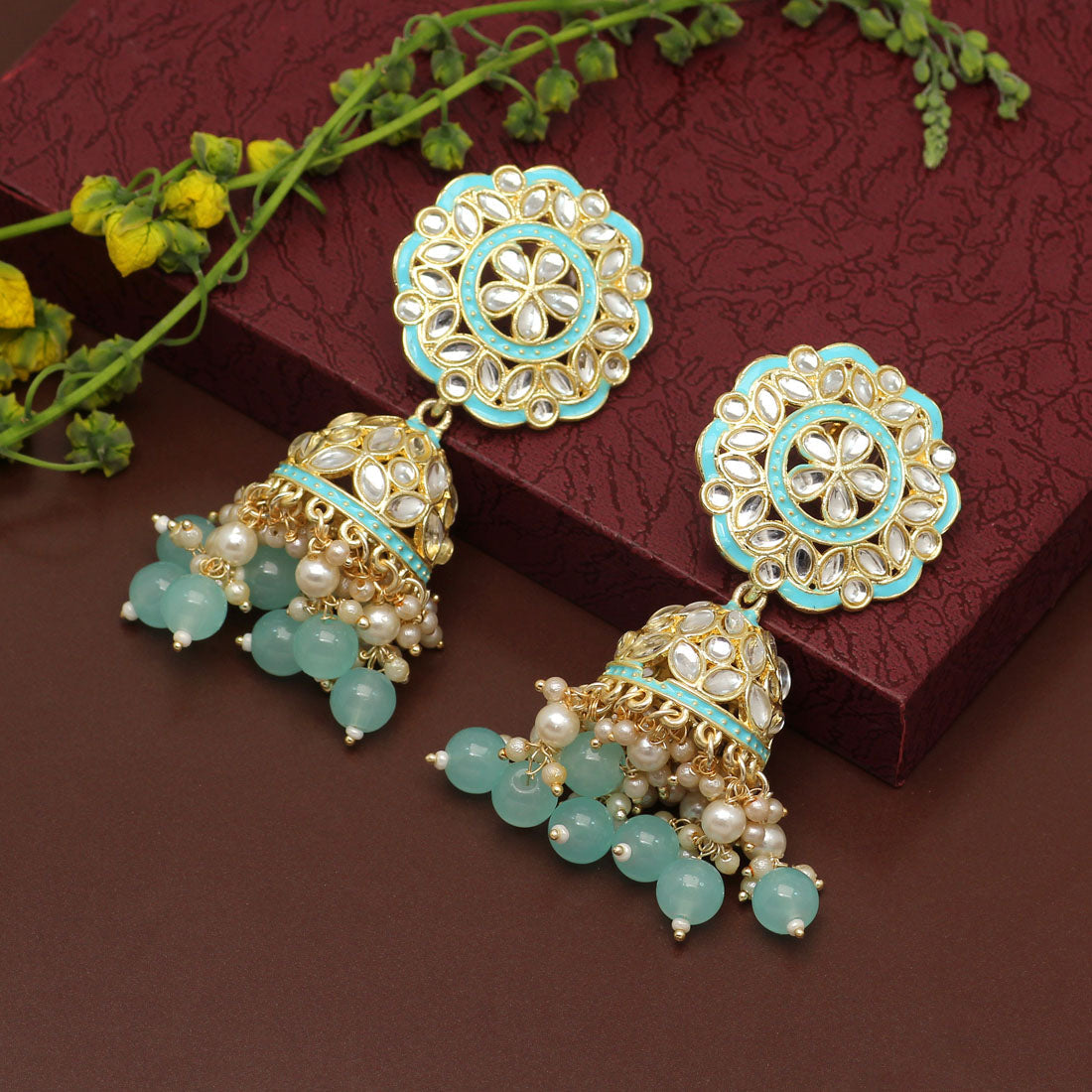 firozi color kundan meena earrings (kde693frz)